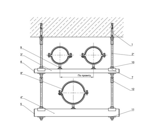 Крепления нескольких трубопроводов к перекрытию в Витебске